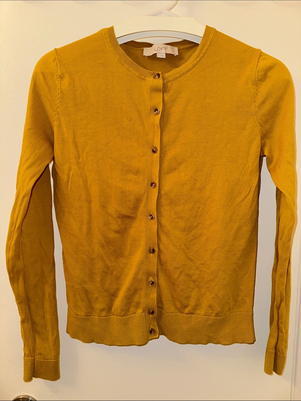 LOFT Mustard Yellow Button-Front Crewneck Cardigan
